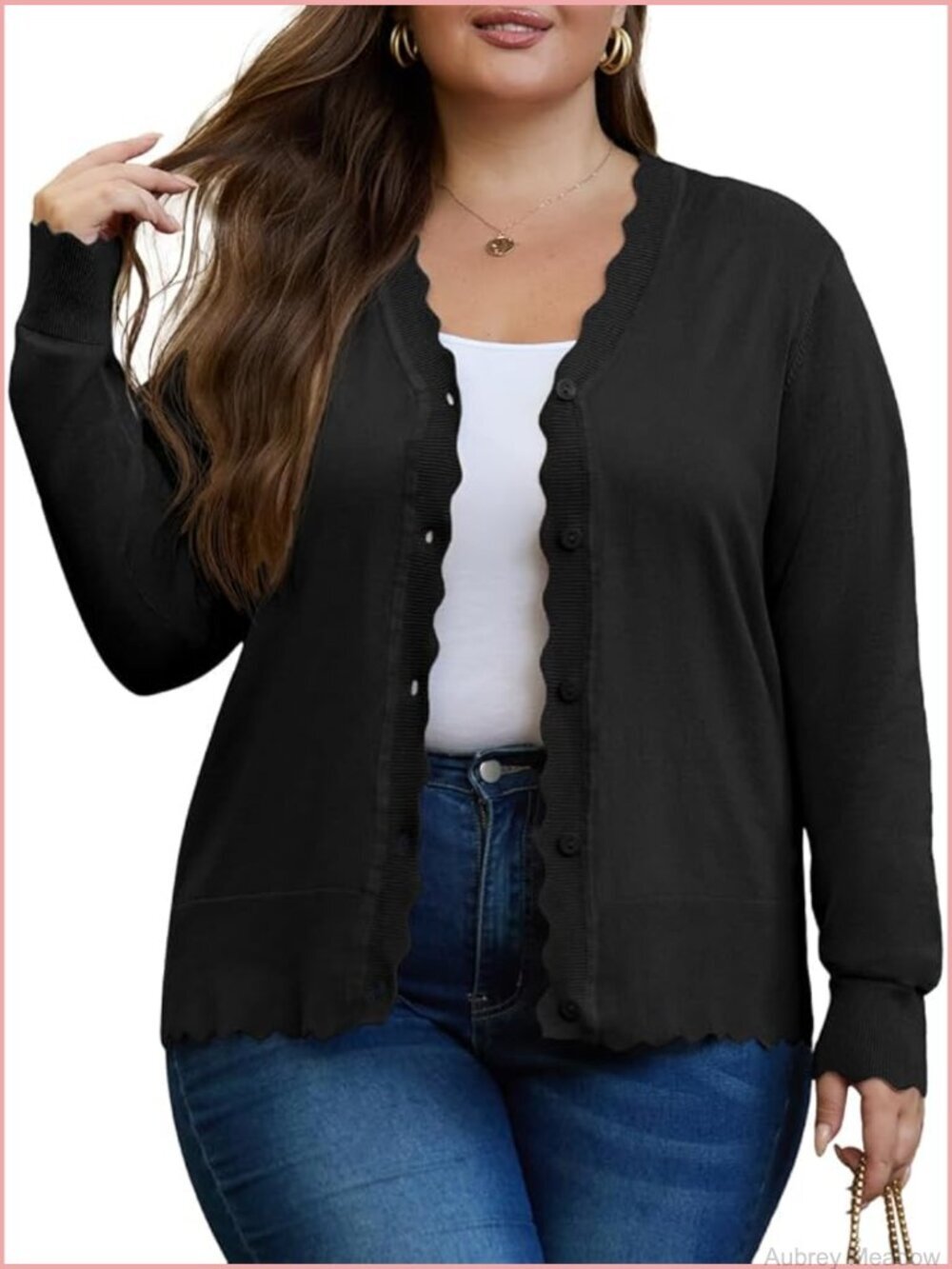 Plus Size Cardigan Cropped Long Sleeve V-Neck Buttons Down Ribbed Wave Edges